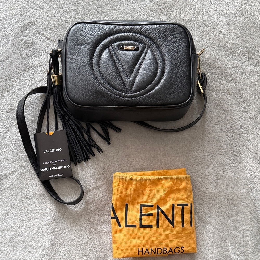 NWT Valentino Black Leather Crossbody with Tassel and Gold Hardware